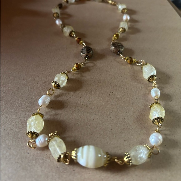Hand crafted necklace yellow agate stones pearls African brass beads 24 inches - Picture 4 of 5